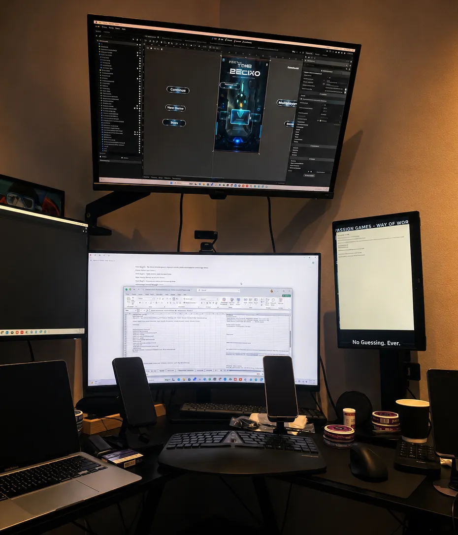 The Passion Games workspace: the game running in the engine across several monitors